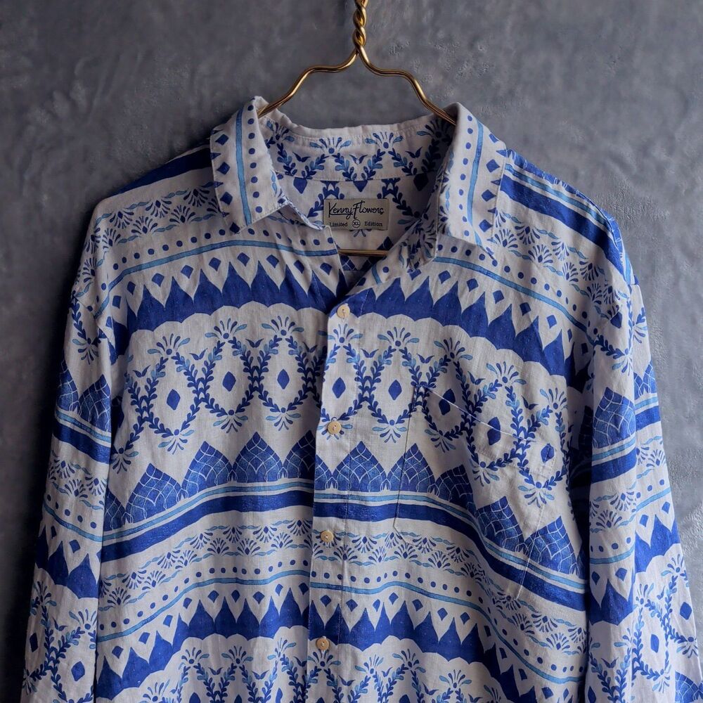 KENNY FLOWERS Blue & White Button Up Shirt Size XL The Espana Linen Beach Resort - Picture 5 of 9